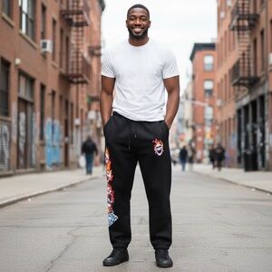 GIFTS OF FORTUNE NYC men's twin flame‎ sweatpants in black Size Large